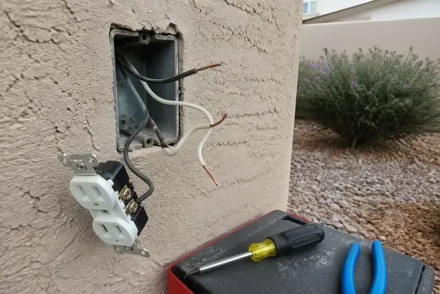 Exposed electrical wall box with copper wiring for an outlet installation at a stucco home in Tempe, AZ.