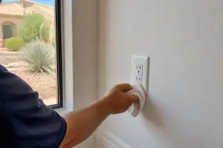 Clean tamper-resistant wall outlet installed on a stucco wall in a Phoenix, AZ home.