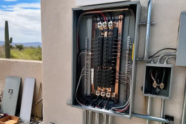 Newly installed electrical panel with organized wiring and copper bus bars at a job site in Phoenix, AZ.