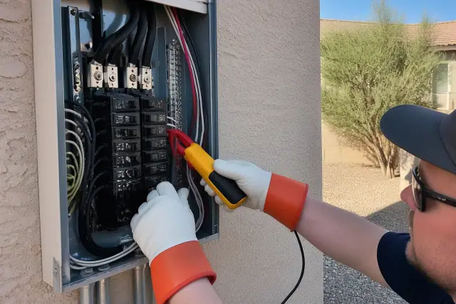 Electrician using a clamp meter to measure load on a residential service panel in Phoenix, AZ.
