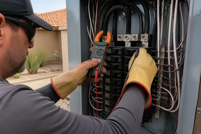 Electrician measuring amperage at a residential breaker panel in Phoenix, AZ.