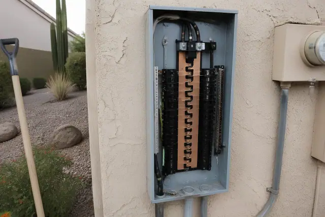 Electrical panel upgrade with copper bus bars and wiring at a residential job site in Phoenix, AZ.