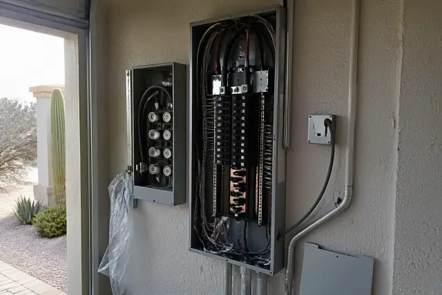 Old fuse cabinet being replaced by a new electrical panel in a Phoenix, AZ garage.