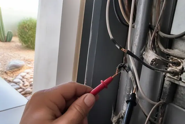 Electrician testing damaged wires with a multimeter in a residential utility closet in Phoenix, AZ.