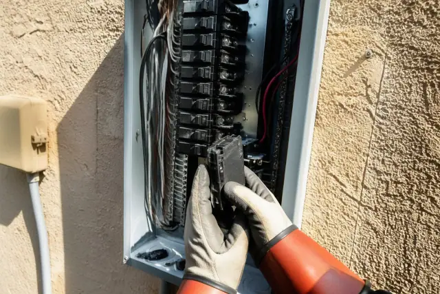 Electrician installing a circuit breaker in a residential service panel at a job site in Phoenix, AZ.