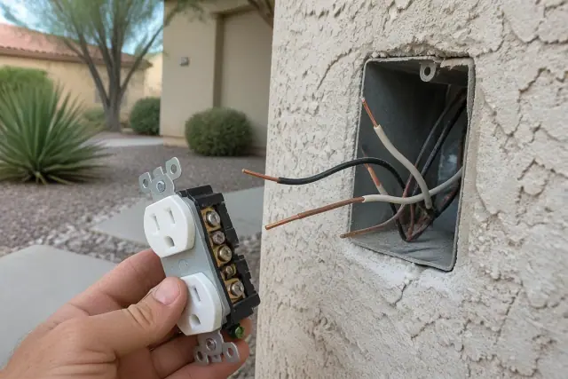 Exposed electrical wiring in a wall box during an outlet replacement at a home in Phoenix, AZ.
