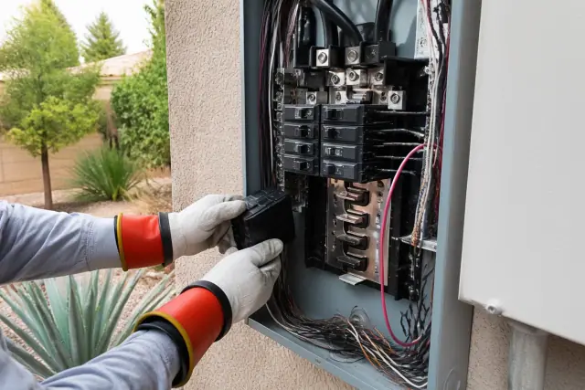 Electrician installing a circuit breaker in a residential service panel in Phoenix, AZ.