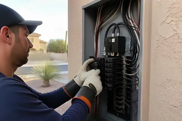 Electrician installing a circuit breaker into a residential panel board in Phoenix, AZ.