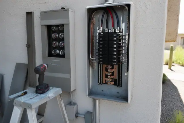 Old fuse cabinet being replaced with a new electrical panel on a stucco home in Phoenix, AZ.