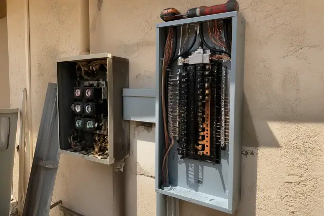 New electrical panel installation with copper wiring and labeled circuits on a stucco wall in Phoenix, AZ.