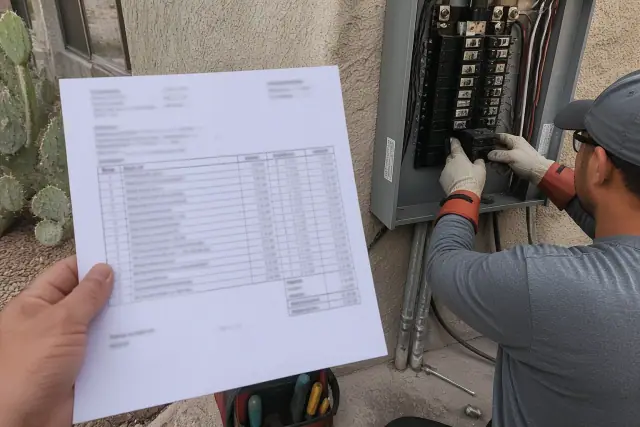 Electrician installing a circuit breaker in a residential panel with an itemized invoice in Phoenix, AZ.