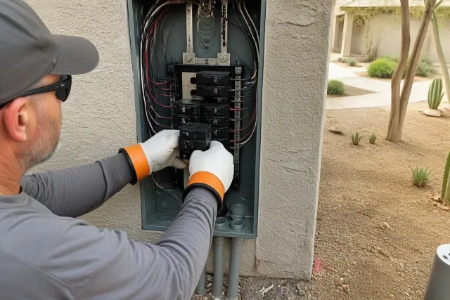 Electrician installing a circuit breaker in a residential electrical panel in Phoenix, AZ.