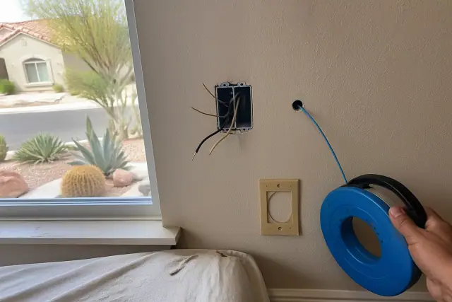 Fish tape emerging from a wall hole for electrical wiring in a Phoenix, AZ home.