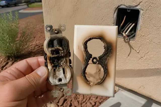 Scorched electrical outlet and melted plastic cover on a stucco wall at a Phoenix, AZ jobsite.