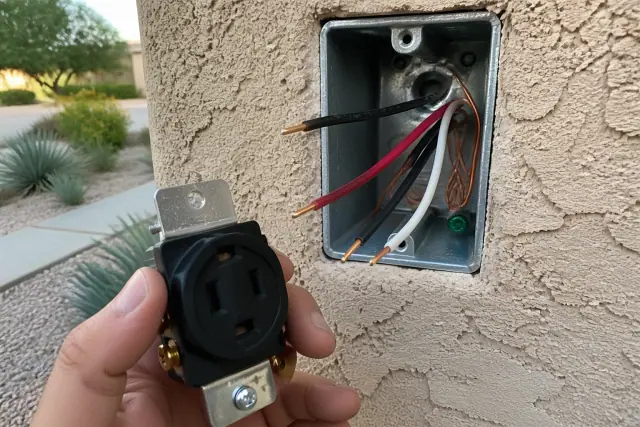 NEMA 14-50 outlet installation with exposed copper wiring in a stucco wall in Phoenix, AZ.