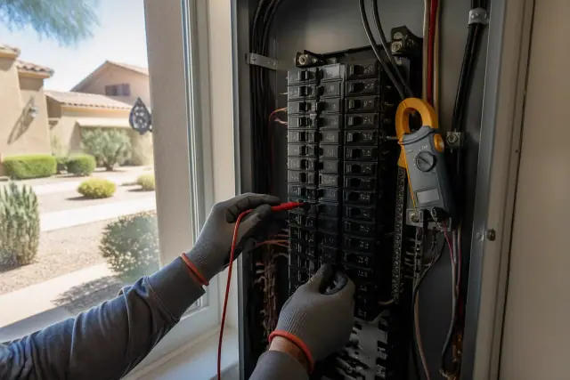 Electrician wearing gloves installing a circuit breaker in a residential panel in Phoenix, AZ.