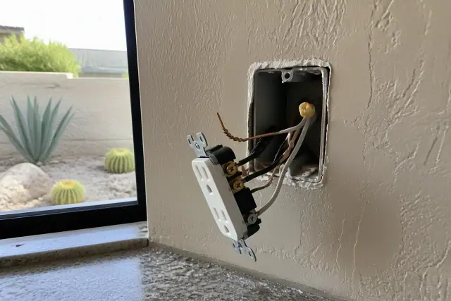 Exposed electrical wiring in a Phoenix, AZ home, showing a wall box prepared for a new outlet installation.
