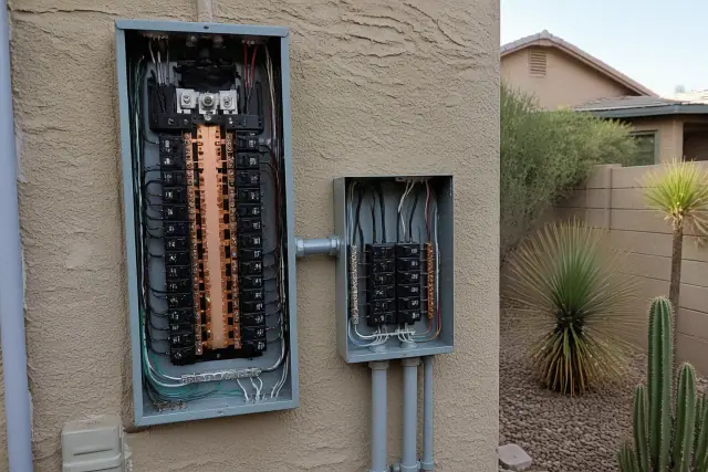 New electrical sub-panel and copper bus bars installed on a residential wall in Phoenix, AZ.