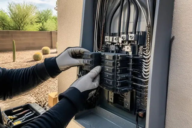 Electrician installing a circuit breaker into a home electrical panel during a rewiring project in Phoenix, AZ.