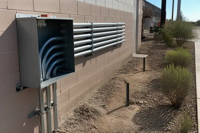 Exposed metal electrical conduit and a junction box on a construction site in Phoenix, AZ.