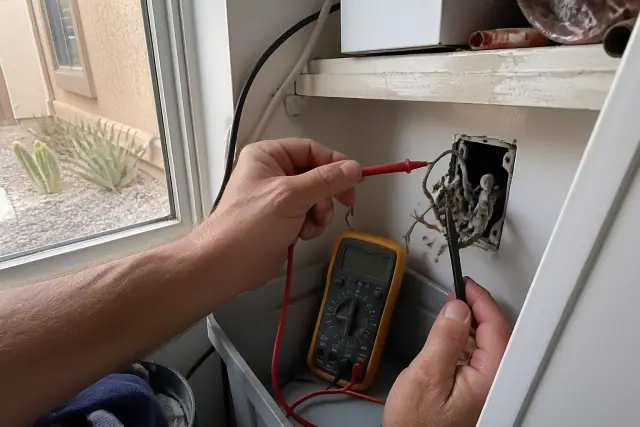 Multimeter probe testing a dead electrical outlet in a residential utility closet in Phoenix, AZ.