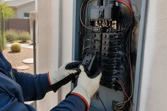 Electrician wearing insulated gloves installs a new circuit breaker in a residential panel in Phoenix, AZ.