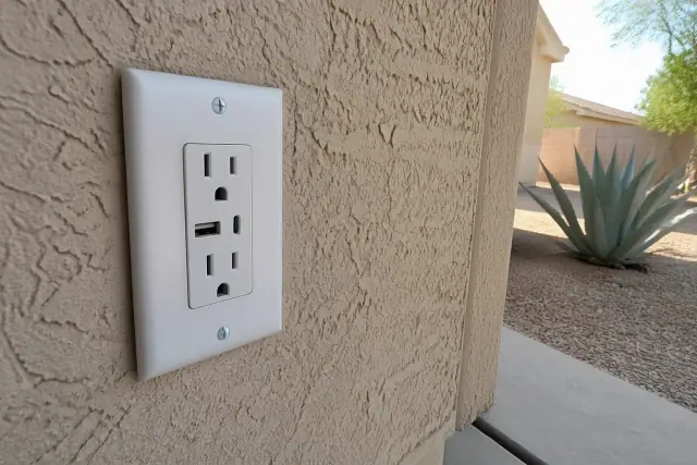 USB-A and USB-C wall outlet installed in a Phoenix, AZ garage with stucco walls and desert landscaping.