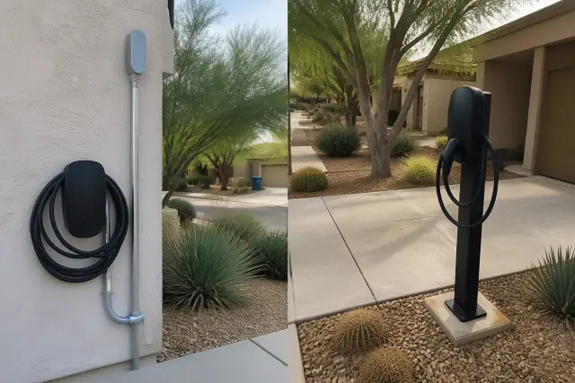 Wall-mounted EV charger with conduit installed on a stucco home exterior in a xeriscaped yard in Phoenix, AZ.