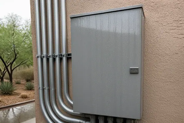 Wet exterior electrical panel with water streaks on a stucco wall in a Phoenix, AZ industrial workspace.