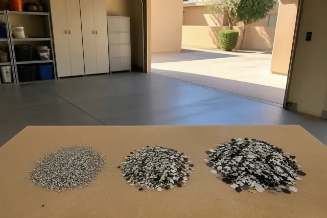Flake samples for garage floor coating displayed on a workbench in a residential garage in Phoenix, AZ.