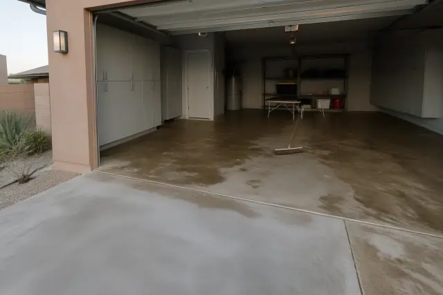 Acid-based reactive concrete stain being applied to a garage floor in Phoenix, AZ.