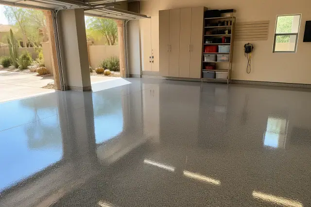 Completed glossy epoxy garage floor in a residential home with desert landscaping visible outside in Phoenix, AZ.