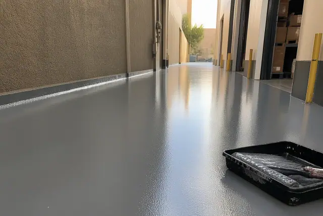 Glossy commercial epoxy flooring in an industrial warehouse building in Tempe, AZ.