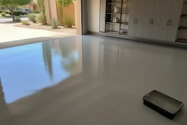 Freshly applied wet-look epoxy floor in a residential garage in Gilbert, AZ.