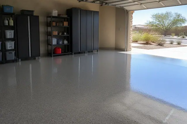 High-gloss epoxy floor in a residential garage in Queen Creek, AZ, with storage cabinets and desert views.