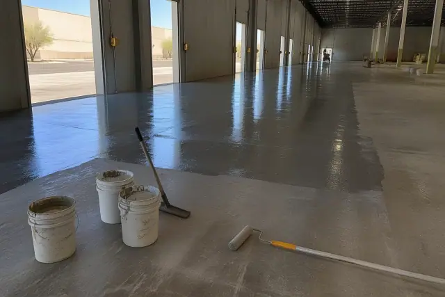 Commercial epoxy flooring preparation on a concrete slab in a Glendale, AZ warehouse with resin application tools.