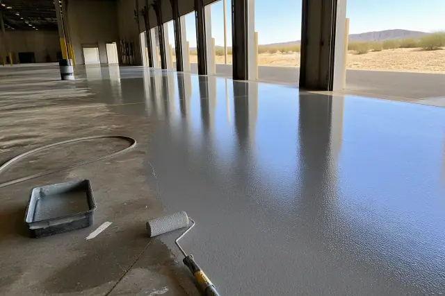 Freshly applied glossy epoxy coating on a warehouse floor in Mesa, AZ, with application rollers nearby.