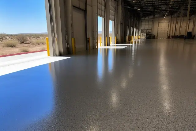 Finished commercial epoxy flooring in an industrial warehouse in Peoria, AZ.