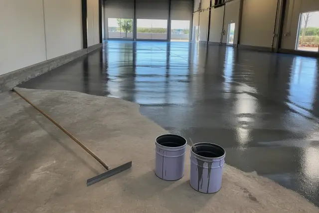 Epoxy floor coating application in a warehouse in Phoenix, AZ with concrete floors and open loading bay doors.