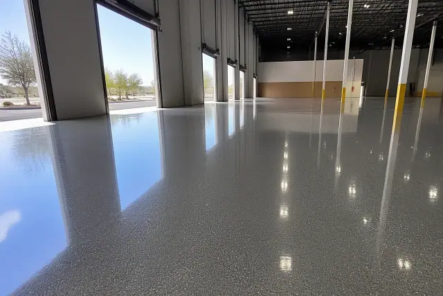 Glossy seamless epoxy flooring in a Phoenix, AZ warehouse with desert landscaping visible through open bay doors.