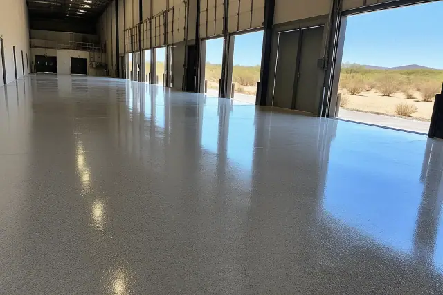 Glossy commercial epoxy flooring in an industrial warehouse aisle in Goodyear, AZ.