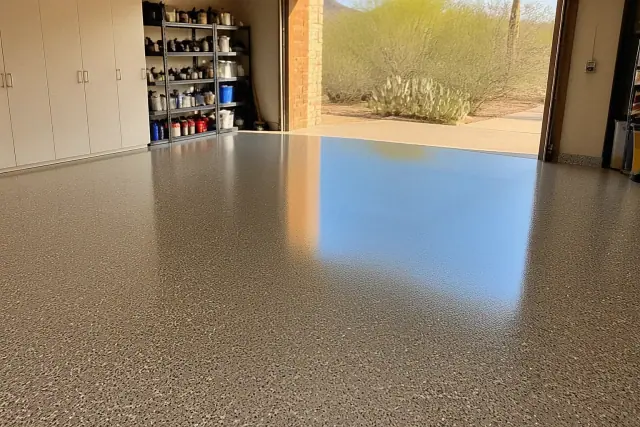 High-gloss epoxy flake flooring inside a residential garage in Phoenix, AZ, with a view of a cactus through the open door.