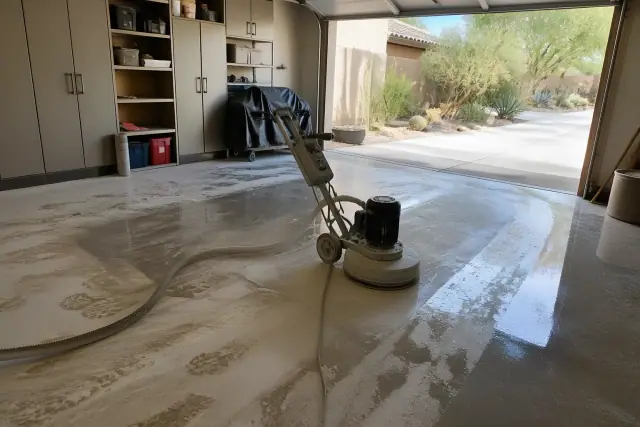 Concrete polishing process with a floor grinder on a residential garage floor in Phoenix, AZ.