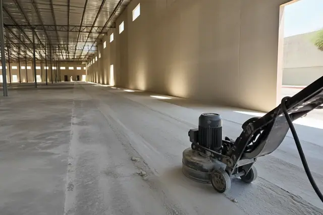 Walk-behind grinding machine polishing unfinished concrete flooring in a Scottsdale, AZ warehouse.