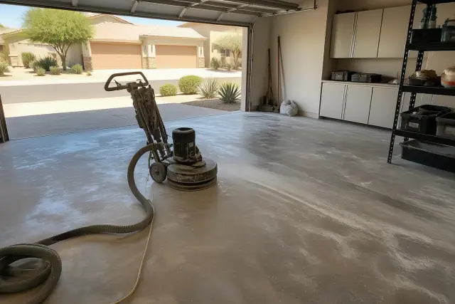 Concrete floor polishing in progress with a grinder in a garage in Chandler, AZ.