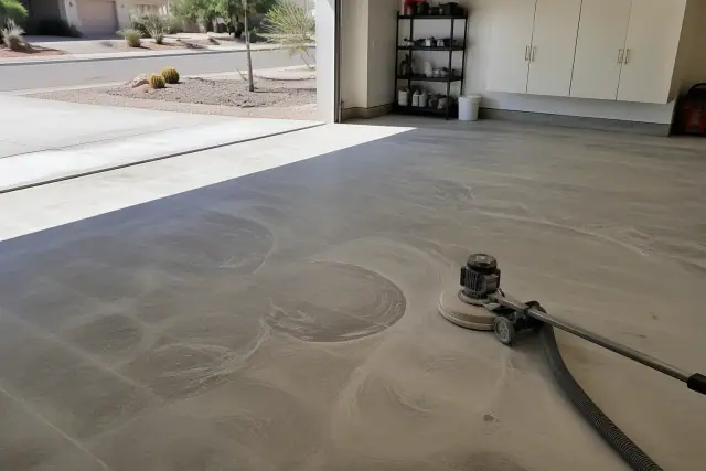 Concrete floor grinding process with a rotary polisher and dust in a residential garage in Mesa, AZ.