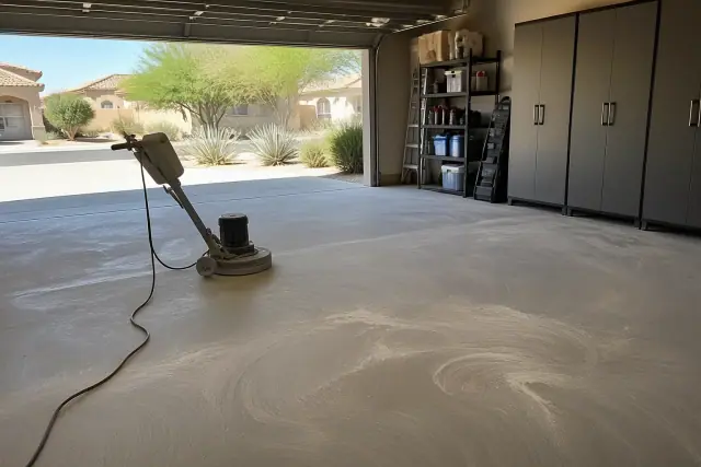 Concrete floor mid-polish inside a residential garage in Queen Creek, AZ with desert landscaping visible outside.