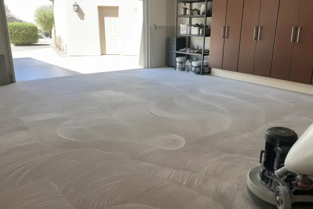Technician polishing a residential garage concrete floor in Goodyear, AZ with visible sanding marks and dust.