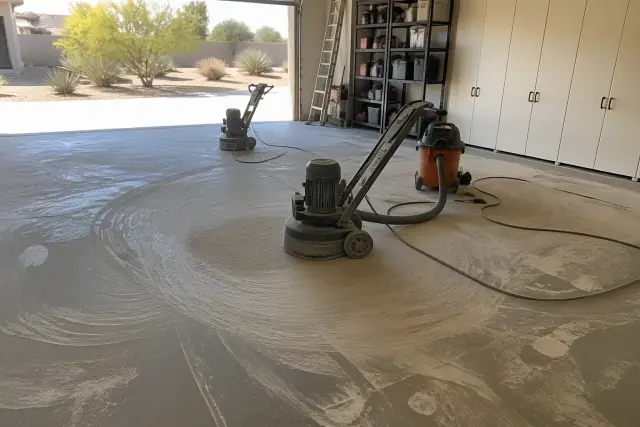 Concrete floor grinding and polishing in progress at a residential garage in Gilbert, AZ.