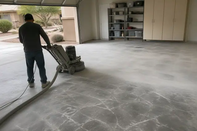 Concrete floor polishing in progress with a heavy-duty grinder in a residential garage in Tempe, AZ.